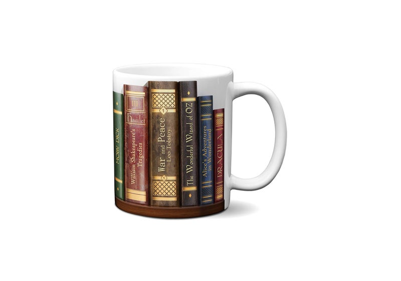 Universal Zone Bookshelf Mug with Famous Book Titles - Literary Book Lover Mug - Image 1